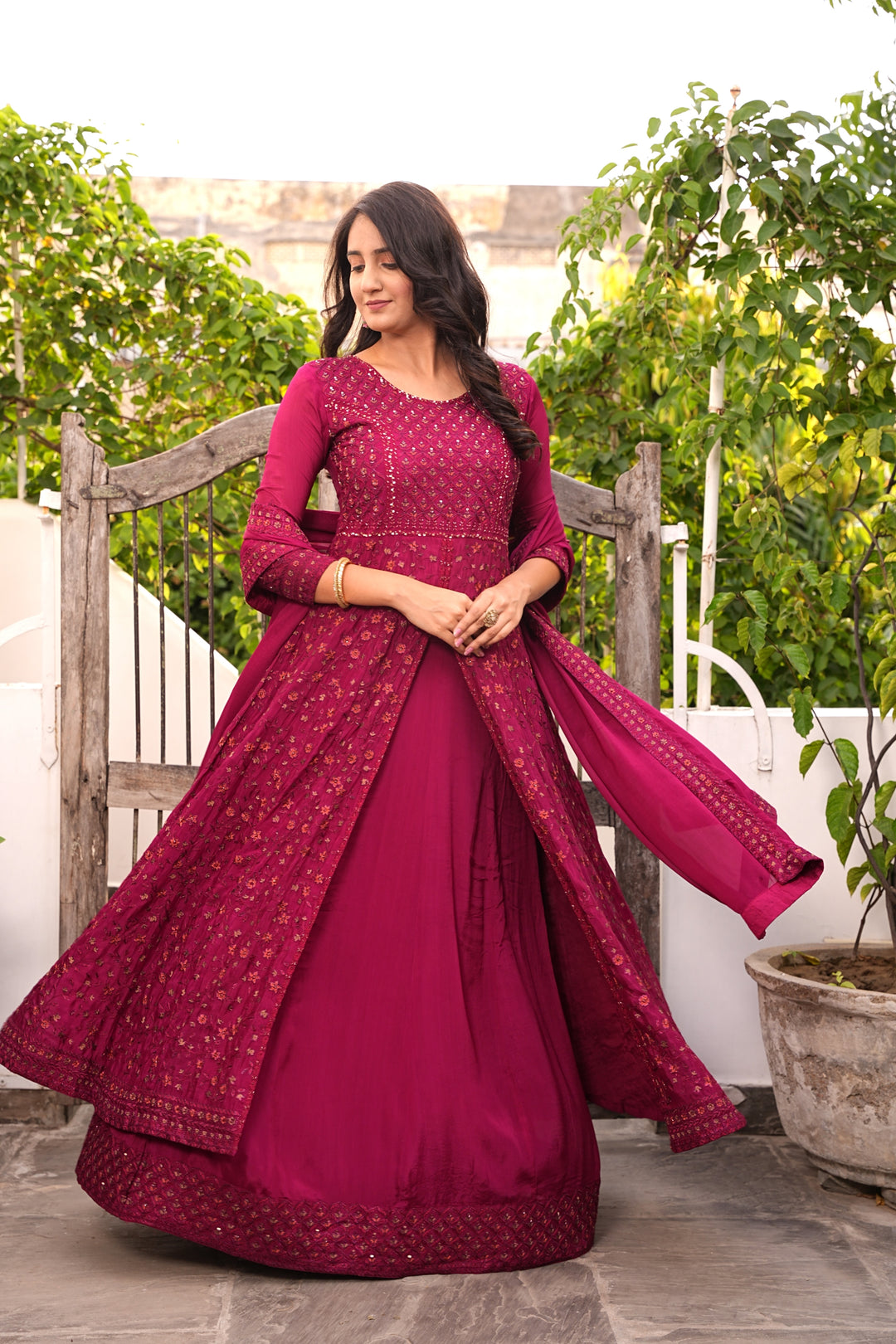 MAROON INDO-WESTERN FRONT SLIT GOWN FOR WOMEN- PAIRED WITH LEHENGA & DUPATTA - EMBROIDERED WITH RESHAM & HANDWORK - SET OF 3