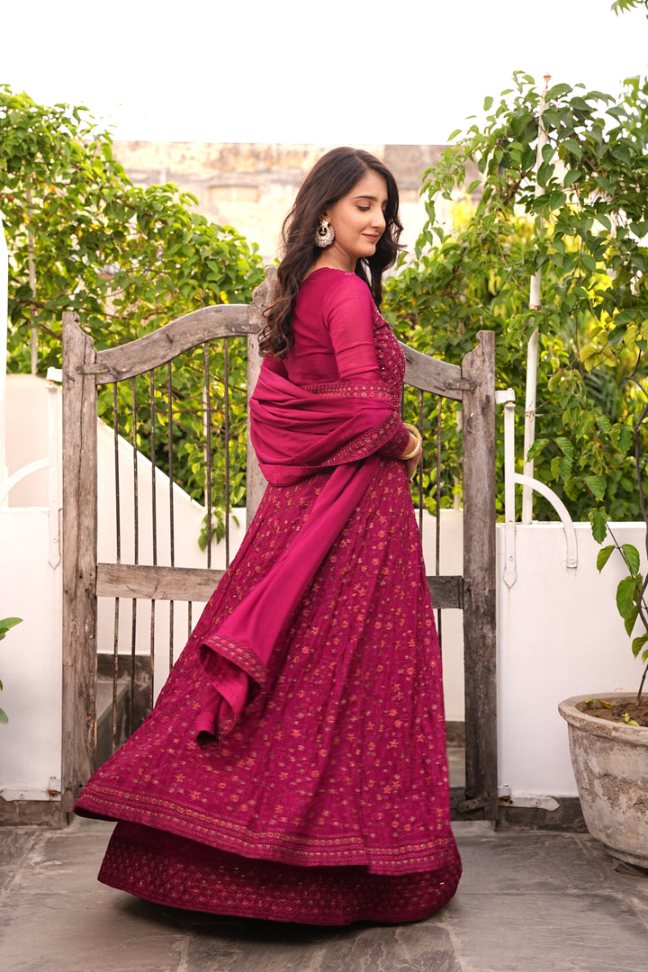 MAROON INDO-WESTERN FRONT SLIT GOWN FOR WOMEN- PAIRED WITH LEHENGA & DUPATTA - EMBROIDERED WITH RESHAM & HANDWORK - SET OF 3