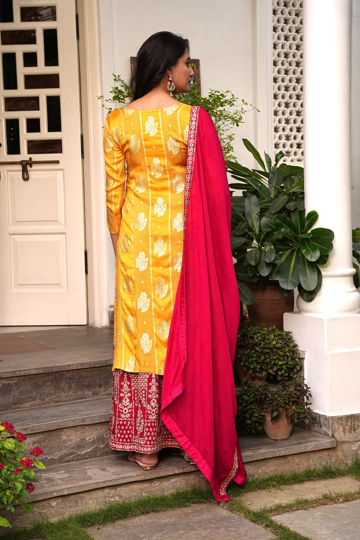 YELLOW WOVEN KURTA & LEHENGA SET FOR WOMEN - PAIRED WITH DUPATTA - EMBROIDERED WITH CORD & HANDWORK - SET OF 3