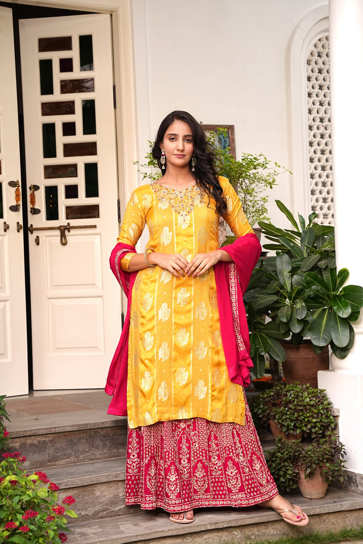 YELLOW WOVEN KURTA & LEHENGA SET FOR WOMEN - PAIRED WITH DUPATTA - EMBROIDERED WITH CORD & HANDWORK - SET OF 3