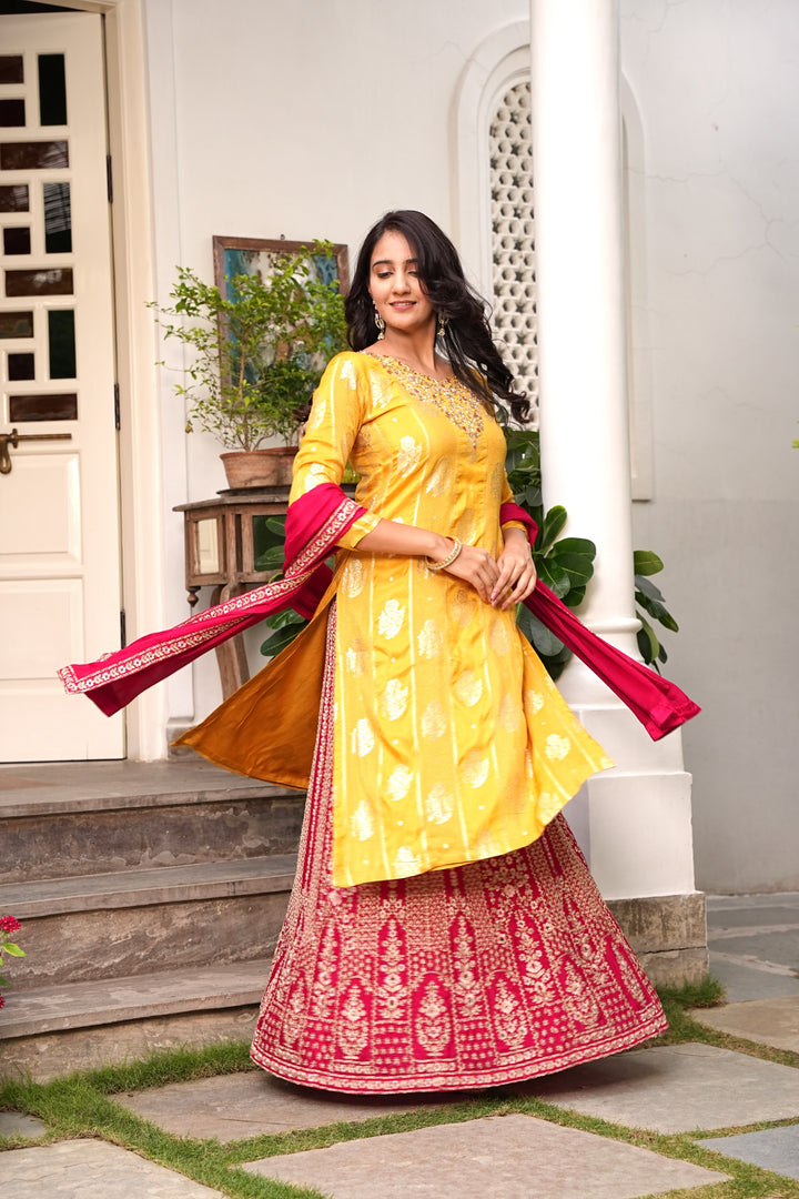 YELLOW WOVEN KURTA & LEHENGA SET FOR WOMEN - PAIRED WITH DUPATTA - EMBROIDERED WITH CORD & HANDWORK - SET OF 3