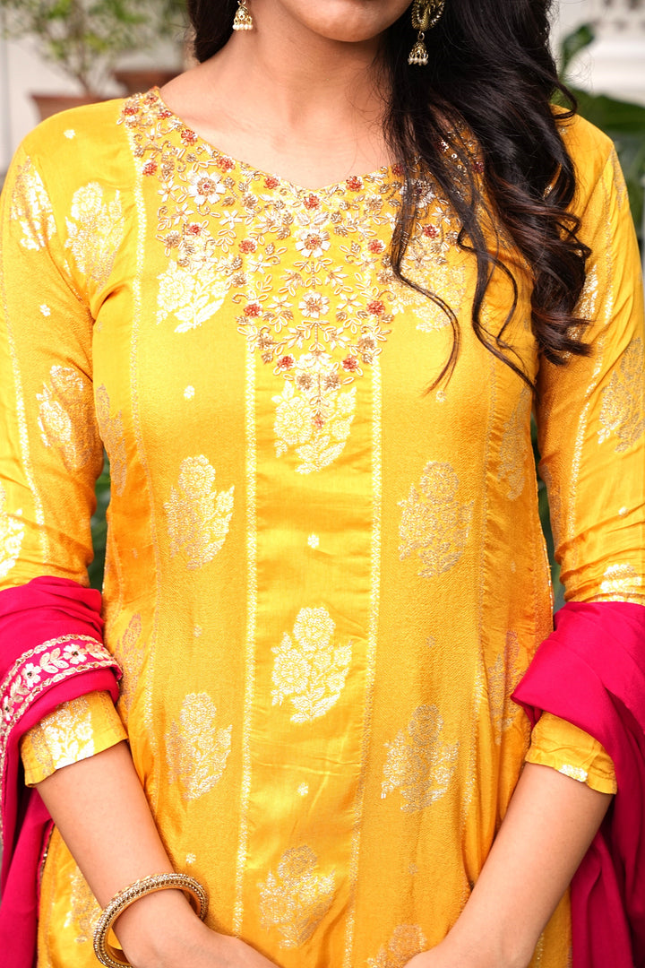 YELLOW WOVEN KURTA & LEHENGA SET FOR WOMEN - PAIRED WITH DUPATTA - EMBROIDERED WITH CORD & HANDWORK - SET OF 3