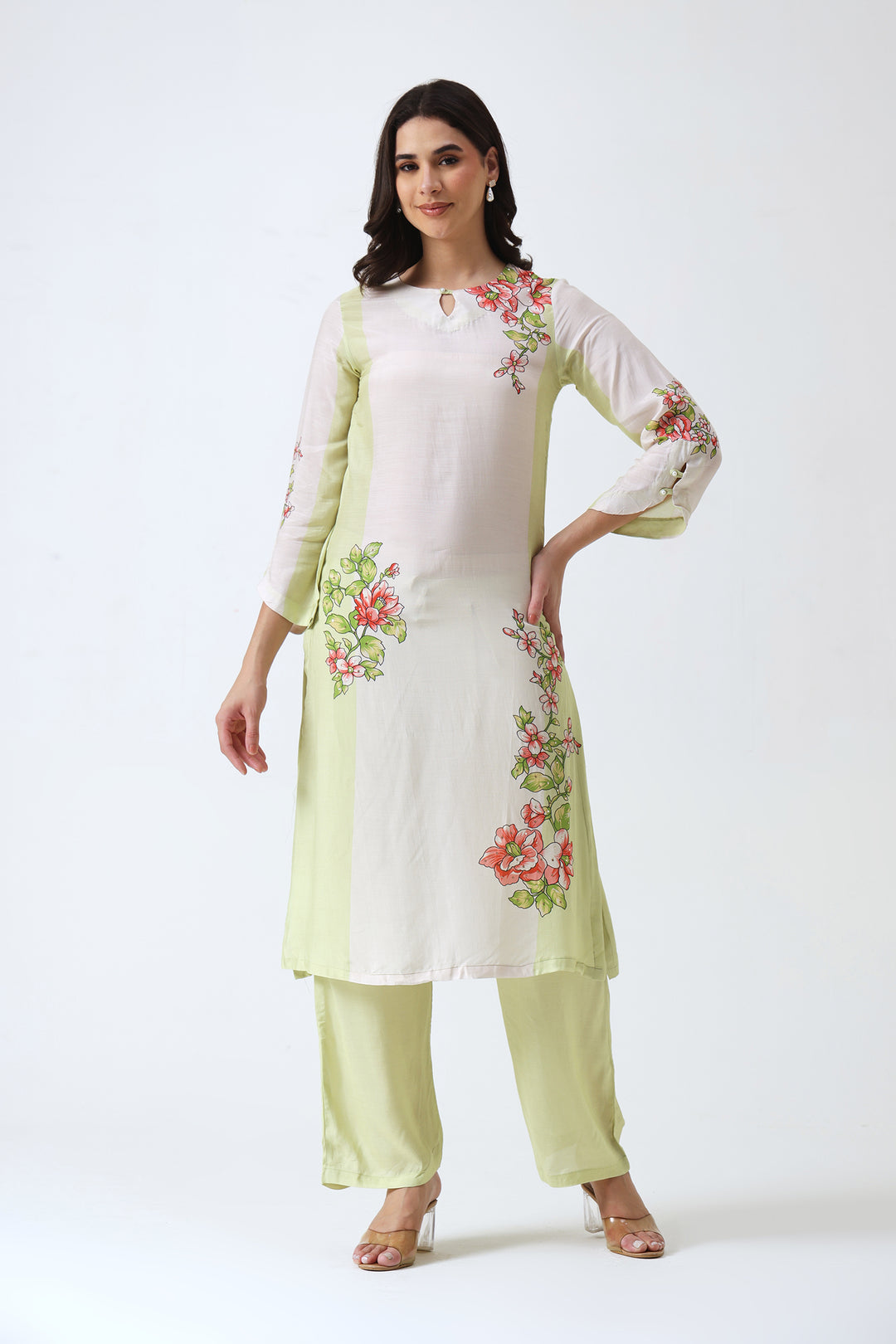 Printed Muslin Silk Kurta & Pant – Embroidered – Set of 2 – Lime Green