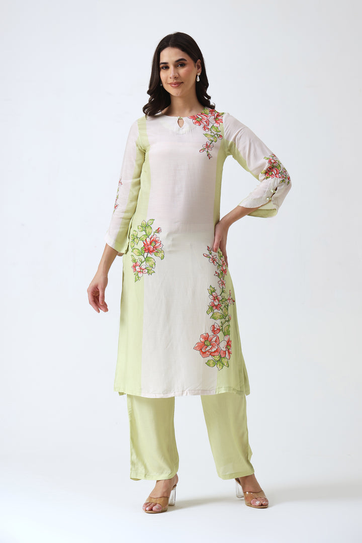 Printed Muslin Silk Kurta & Pant – Embroidered – Set of 2 – Lime Green