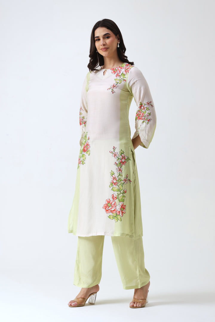 Printed Muslin Silk Kurta & Pant – Embroidered – Set of 2 – Lime Green