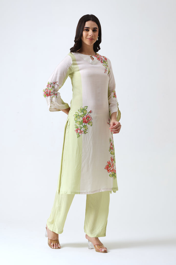 Printed Muslin Silk Kurta & Pant – Embroidered – Set of 2 – Lime Green