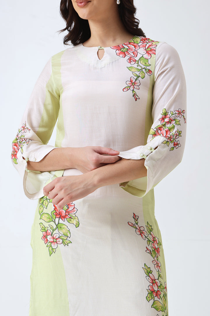 Printed Muslin Silk Kurta & Pant – Embroidered – Set of 2 – Lime Green