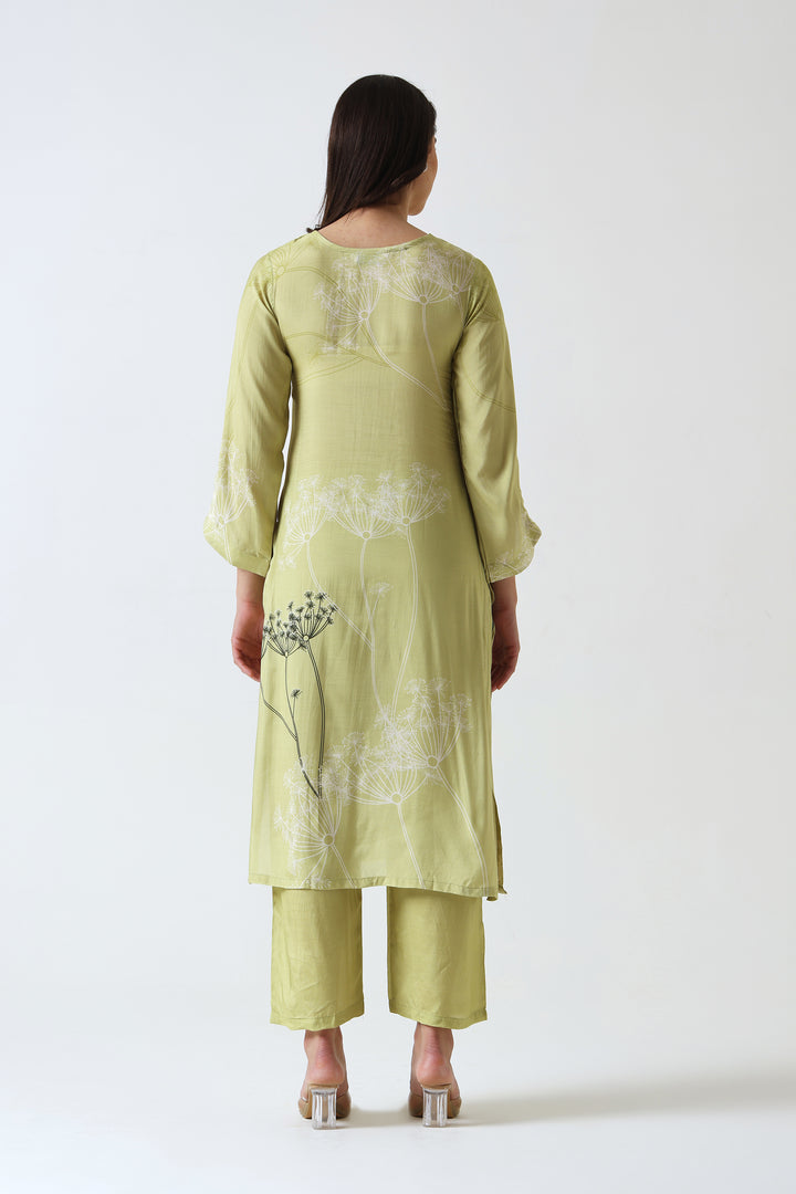 Printed Muslin Silk Kurta & Pant – Embroidered – Set of 2 – Green