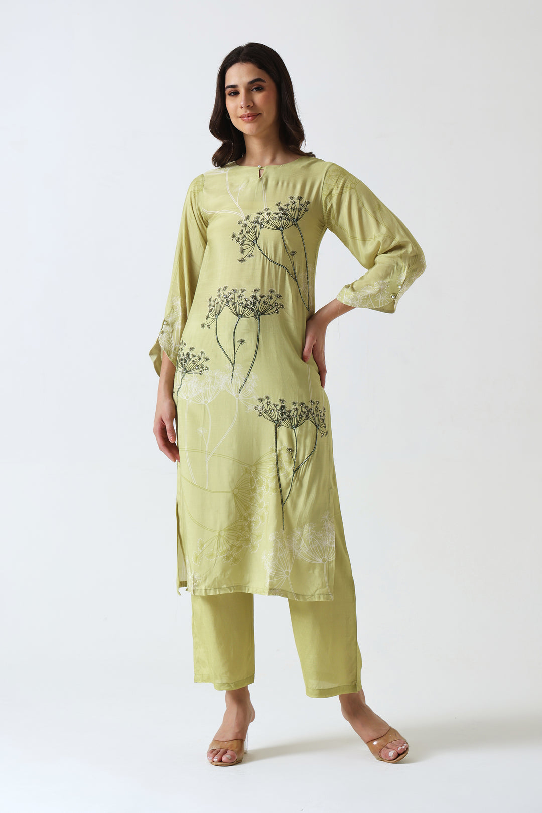 Printed Muslin Silk Kurta & Pant – Embroidered – Set of 2 – Green