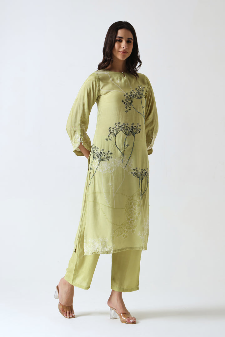 Printed Muslin Silk Kurta & Pant – Embroidered – Set of 2 – Green