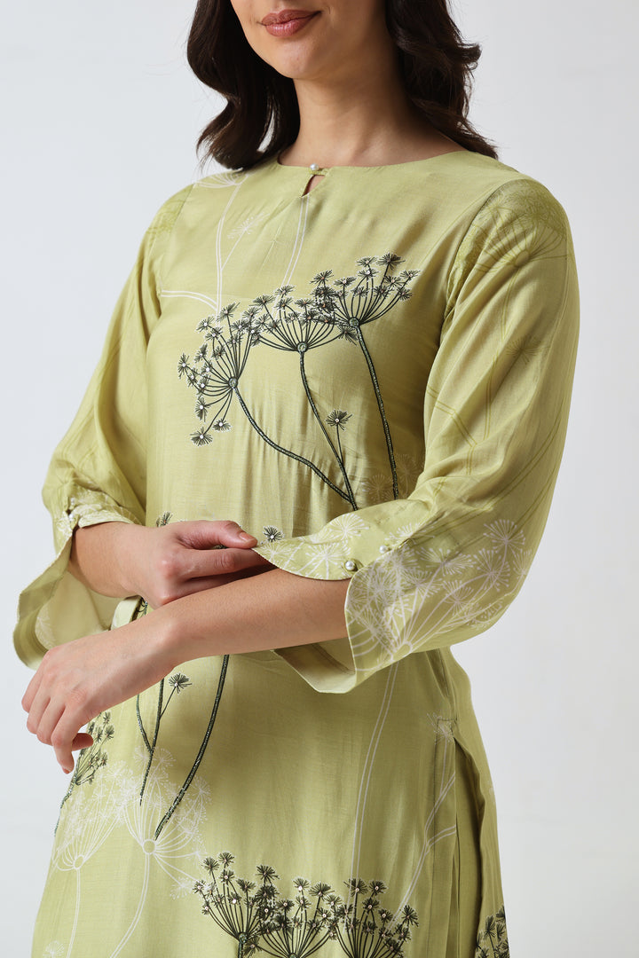 Printed Muslin Silk Kurta & Pant – Embroidered – Set of 2 – Green