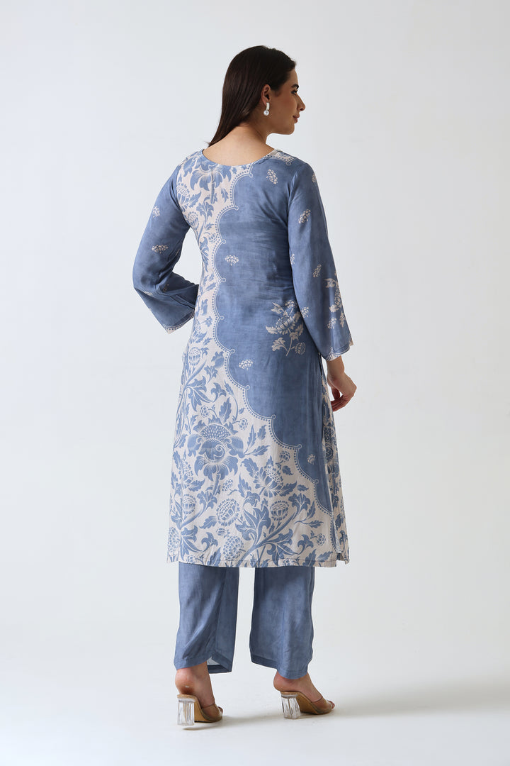 Printed Muslin Silk Kurta & Pant – Pearl Embellished – Set of 2 – Blue