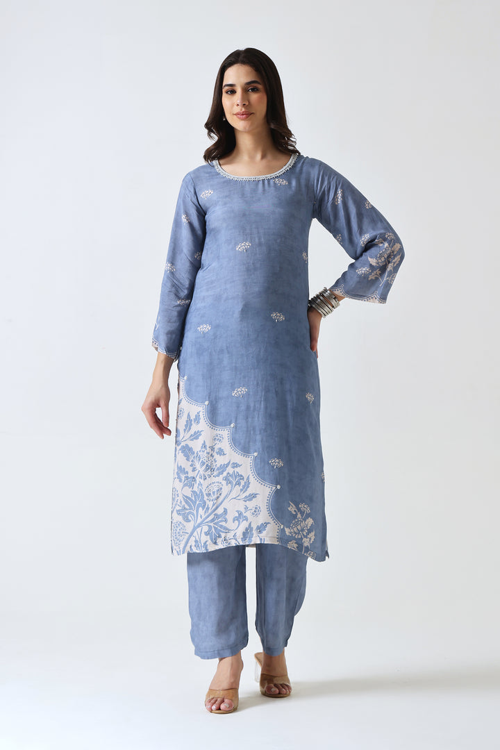 Printed Muslin Silk Kurta & Pant – Pearl Embellished – Set of 2 – Blue