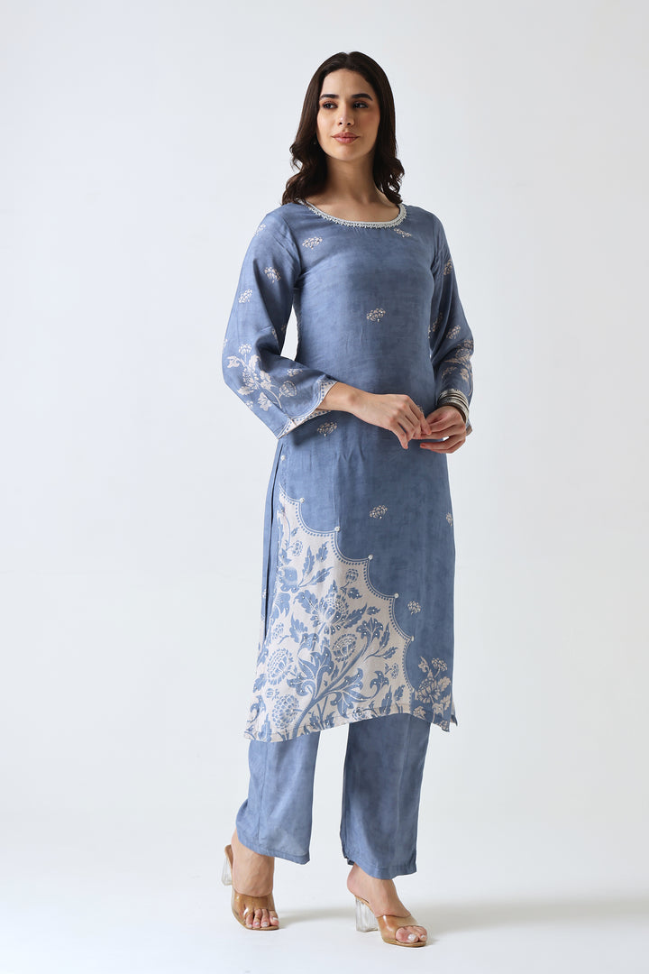 Printed Muslin Silk Kurta & Pant – Pearl Embellished – Set of 2 – Blue