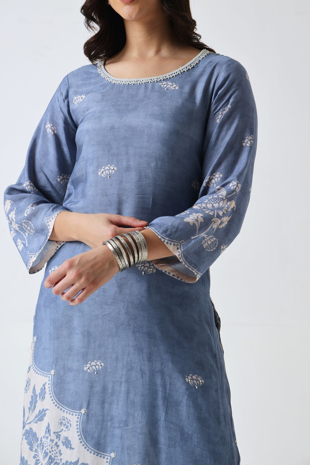 Printed Muslin Silk Kurta & Pant – Pearl Embellished – Set of 2 – Blue