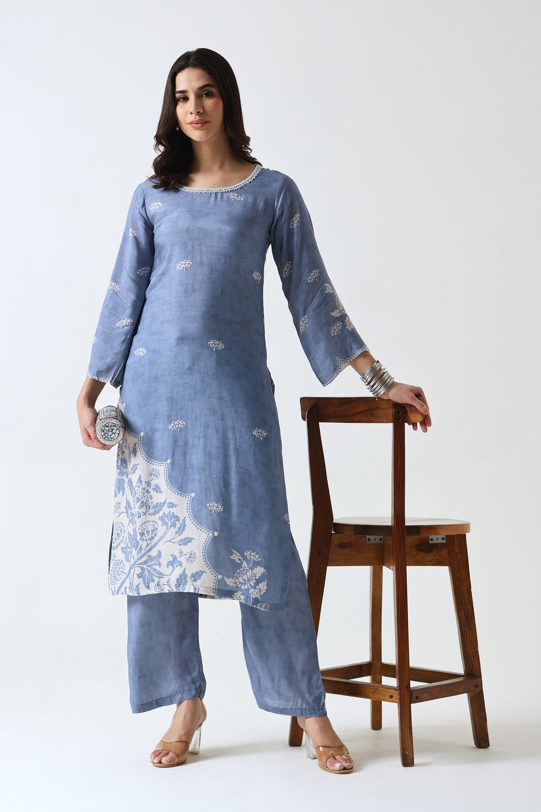 Printed Muslin Silk Kurta & Pant – Pearl Embellished – Set of 2 – Blue