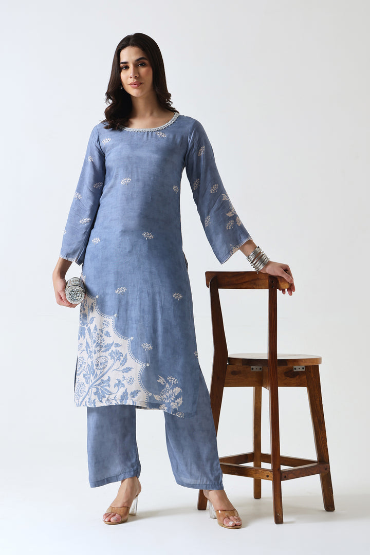 Printed Muslin Silk Kurta & Pant – Pearl Embellished – Set of 2 – Blue
