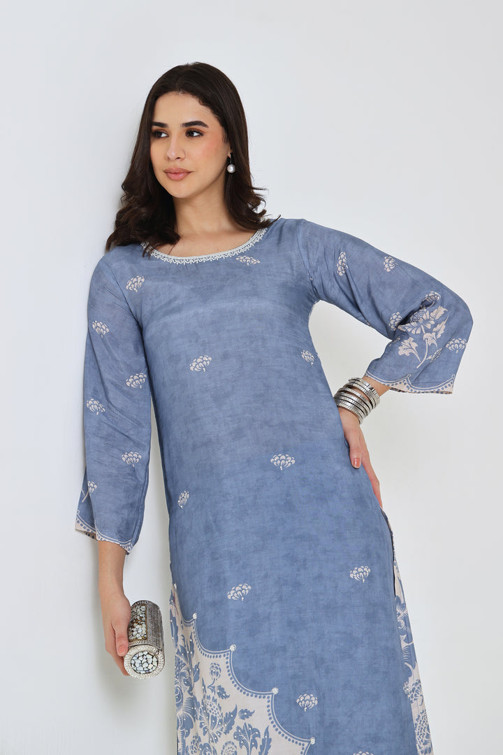 Printed Muslin Silk Kurta & Pant – Pearl Embellished – Set of 2 – Blue
