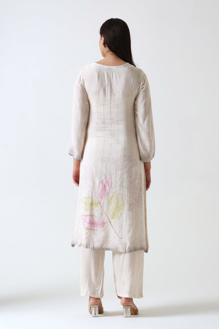 Printed Muslin Silk Kurta & Pant – Embroidered – Set of 2 – Off White