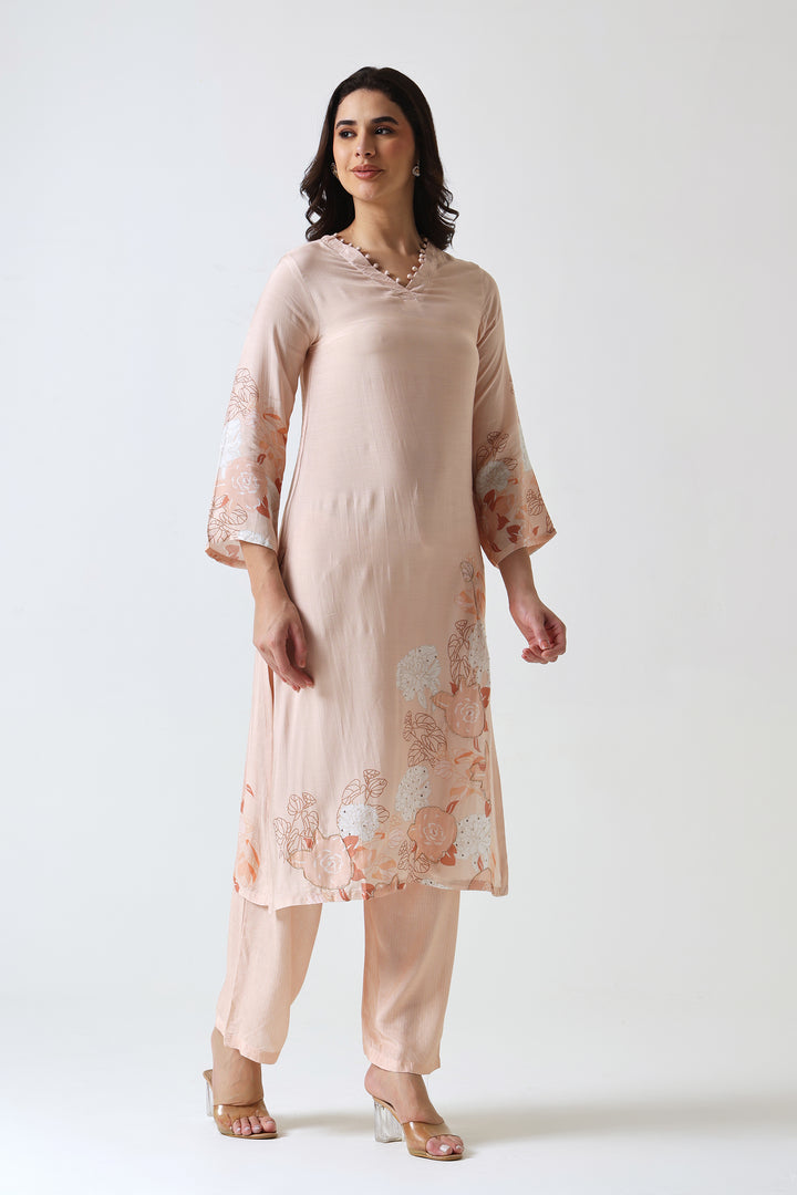 Printed Muslin Silk Kurta & Pant – Embroidered – Set of 2 – Peach