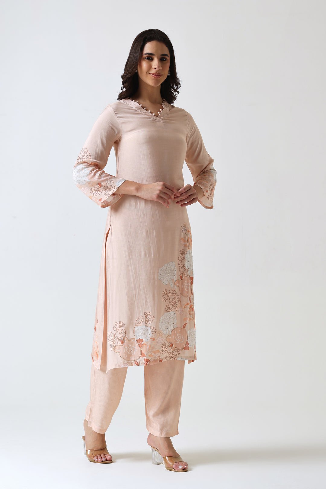 Printed Muslin Silk Kurta & Pant – Embroidered – Set of 2 – Peach