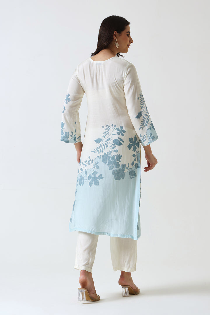 Printed Muslin Silk Kurta & Pant – Embroidered – Set of 2 – Off White