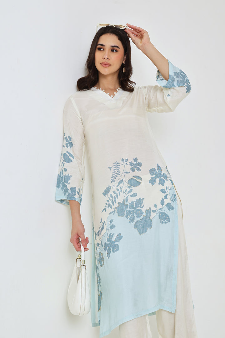 Printed Muslin Silk Kurta & Pant – Embroidered – Set of 2 – Off White