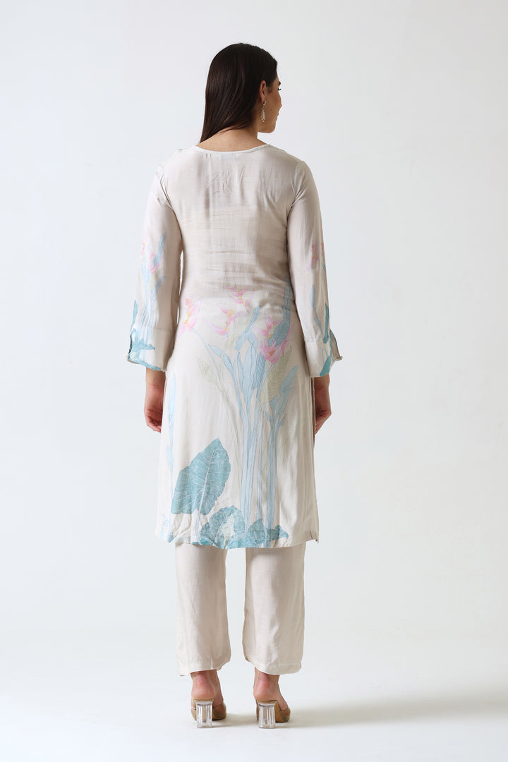 Printed Muslin Silk Kurta & Pant – Hand Embroidered – Set of 2 – Off White