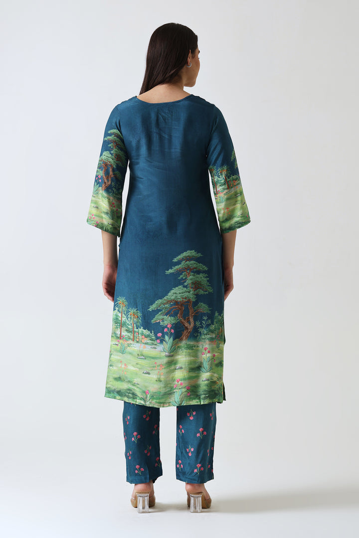 Printed Muslin Silk Kurta & Pant – Han Embroidered – Set of 2 – Blue
