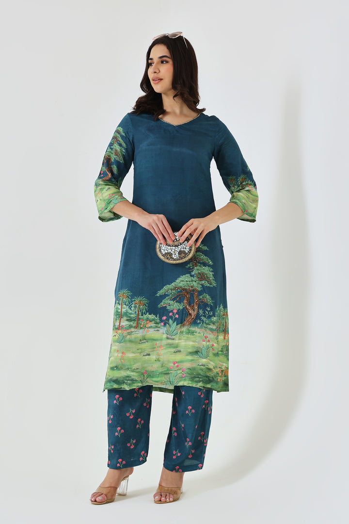 Printed Muslin Silk Kurta & Pant – Han Embroidered – Set of 2 – Blue