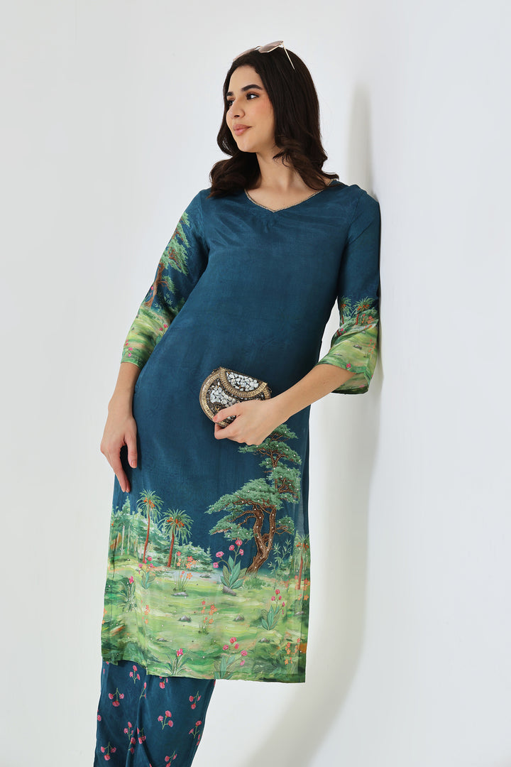 Printed Muslin Silk Kurta & Pant – Han Embroidered – Set of 2 – Blue