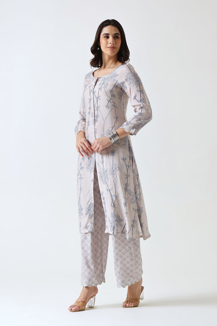 Printed Muslin Silk Kurta & Pant – Embroidered – Set of 2 – Misty Grey