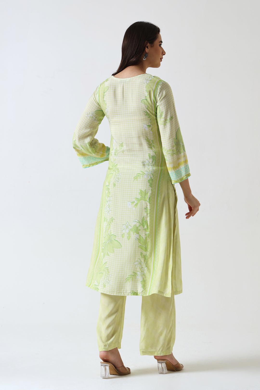 Printed Muslin Silk Kurta & Pant - Set Of 2 - Lime Green
