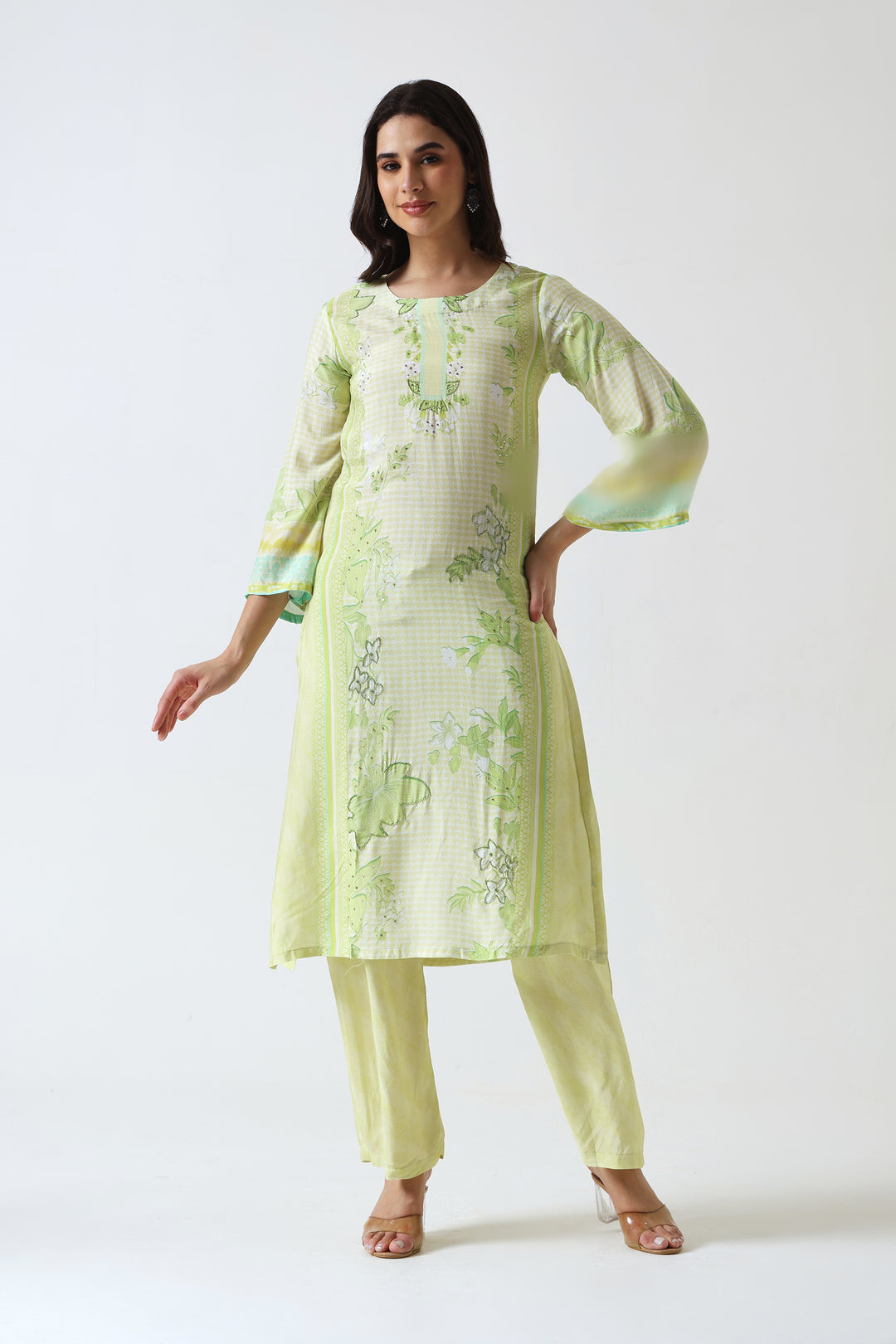 Printed Muslin Silk Kurta & Pant - Set Of 2 - Lime Green