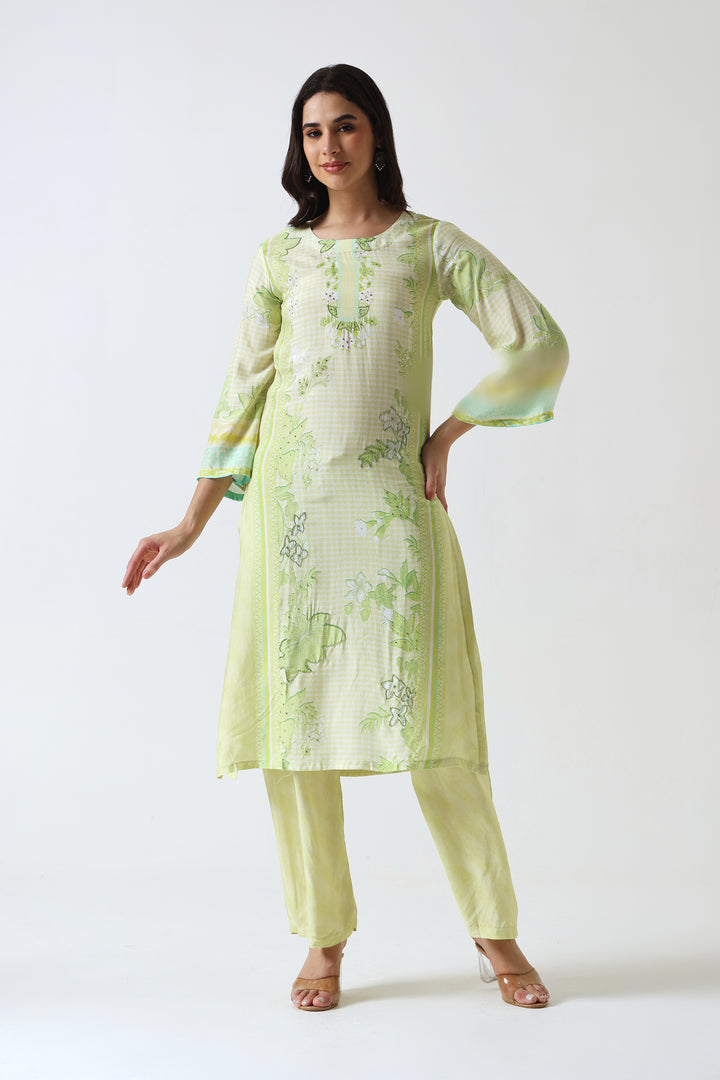 Printed Muslin Silk Kurta & Pant - Set Of 2 - Lime Green
