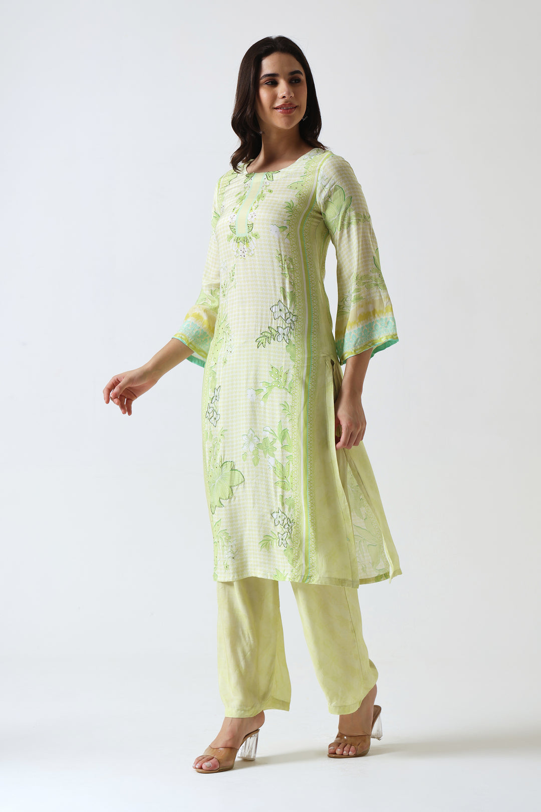 Printed Muslin Silk Kurta & Pant - Set Of 2 - Lime Green
