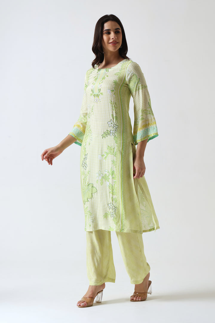 Printed Muslin Silk Kurta & Pant - Set Of 2 - Lime Green
