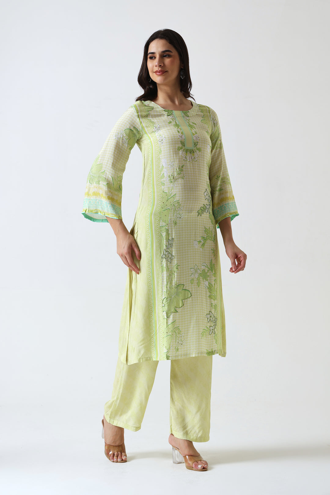 Printed Muslin Silk Kurta & Pant - Set Of 2 - Lime Green