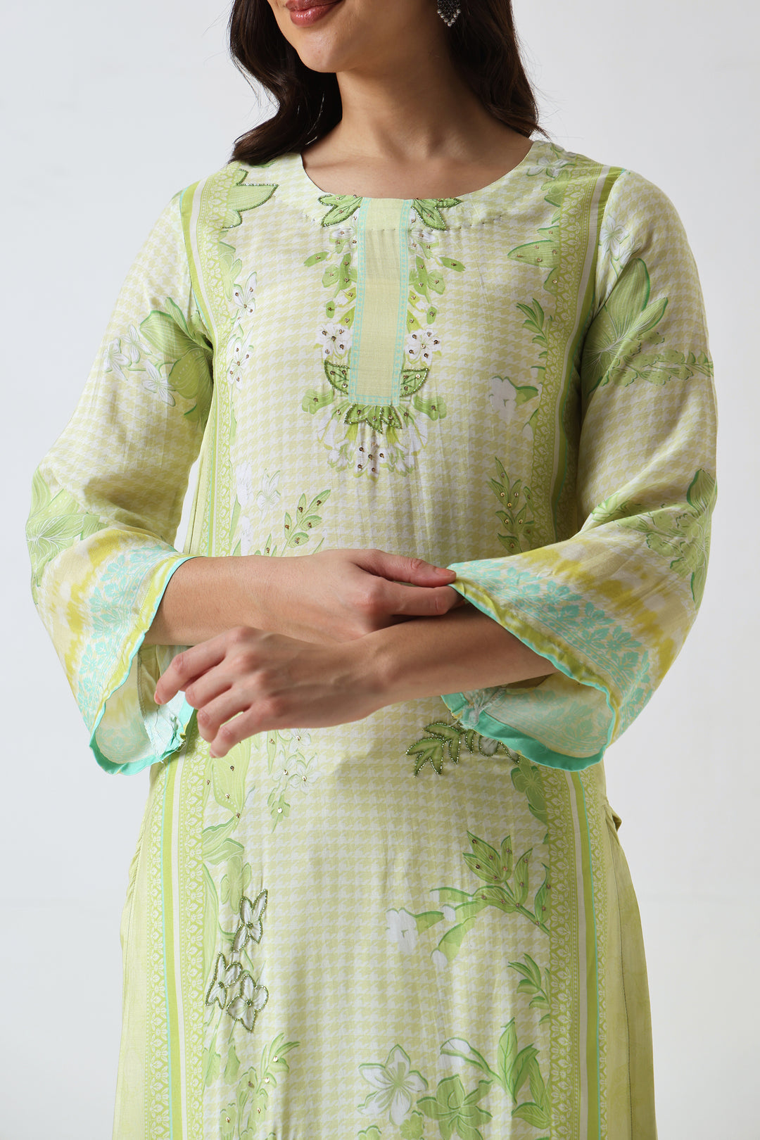 Printed Muslin Silk Kurta & Pant - Set Of 2 - Lime Green