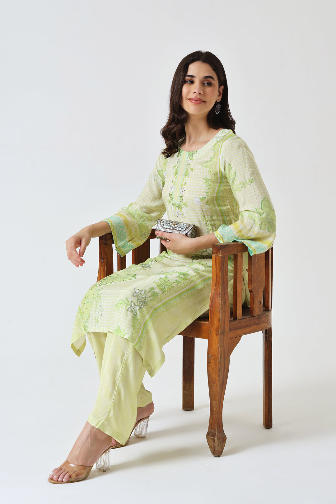 Printed Muslin Silk Kurta & Pant - Set Of 2 - Lime Green