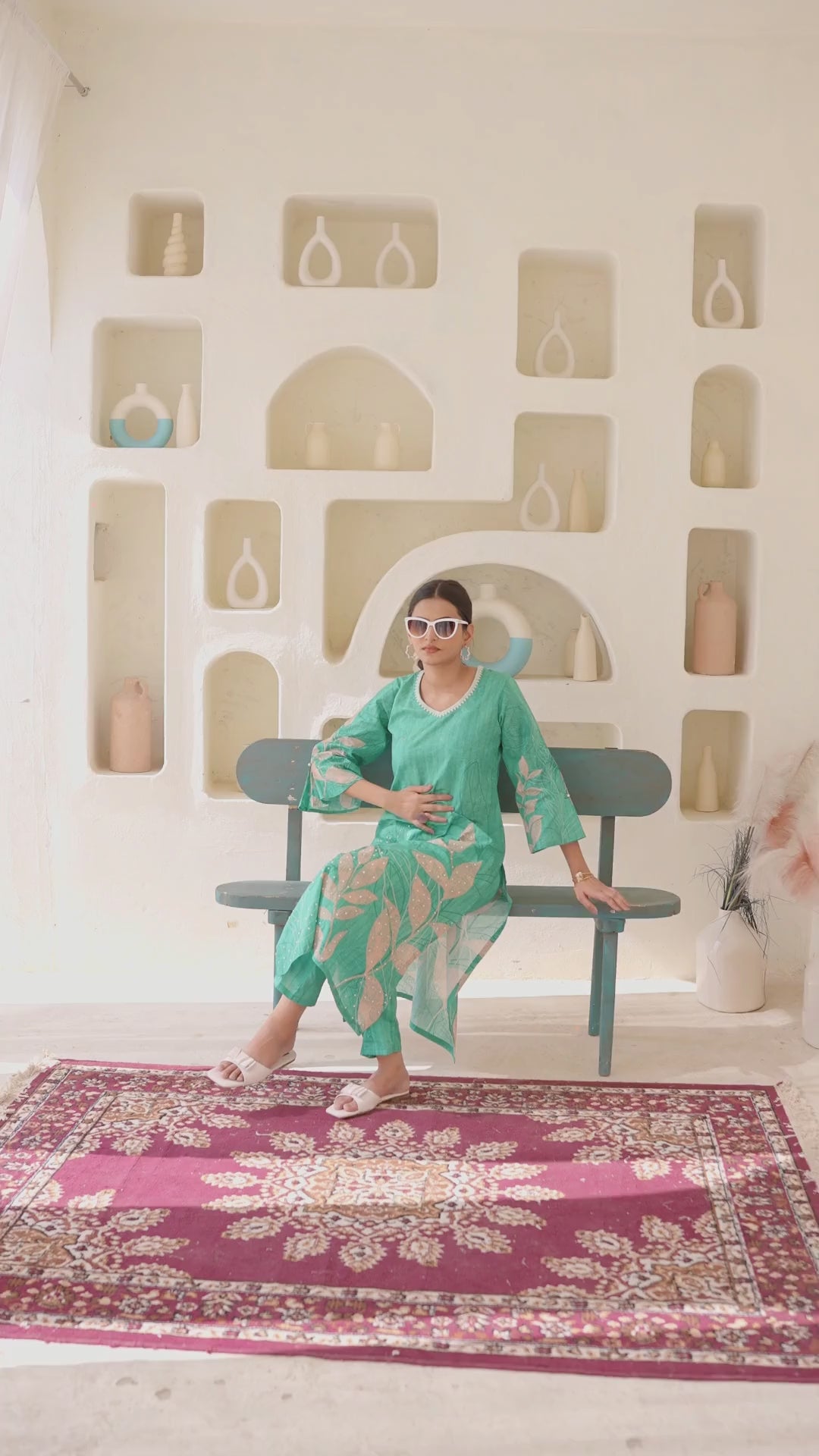 Printed Cotton Kurta & Pant - Hand Embroidered- Set of 2 - Green