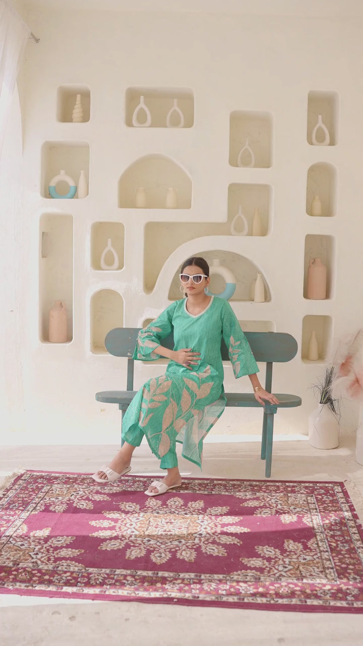 Printed Cotton Kurta & Pant - Hand Embroidered- Set of 2 - Green