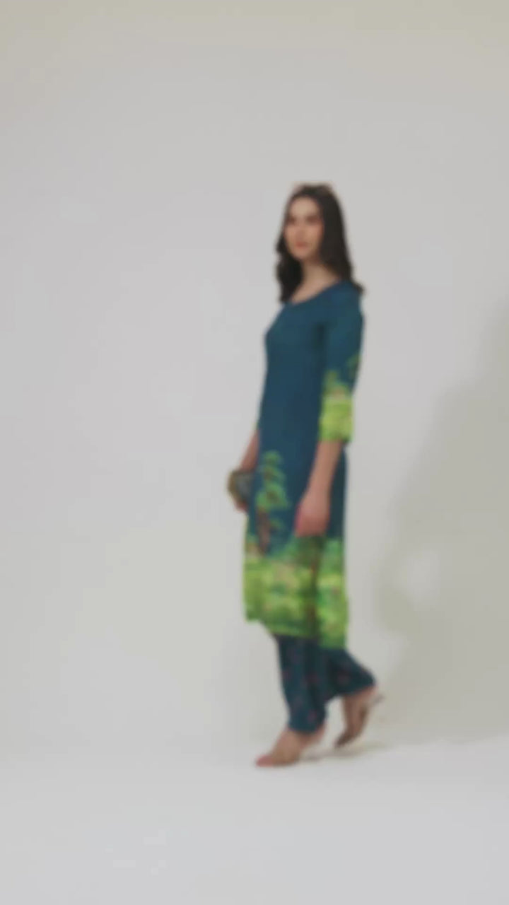 Printed Muslin Silk Kurta & Pant – Han Embroidered – Set of 2 – Blue