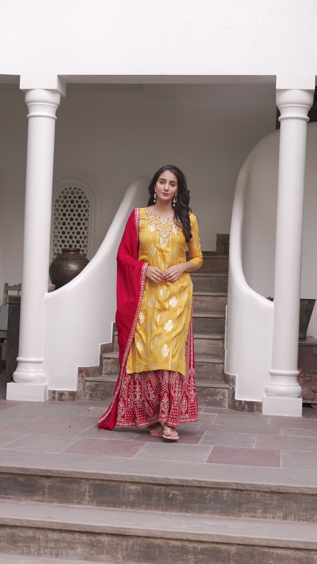 YELLOW WOVEN KURTA & LEHENGA SET FOR WOMEN - PAIRED WITH DUPATTA - EMBROIDERED WITH CORD & HANDWORK - SET OF 3