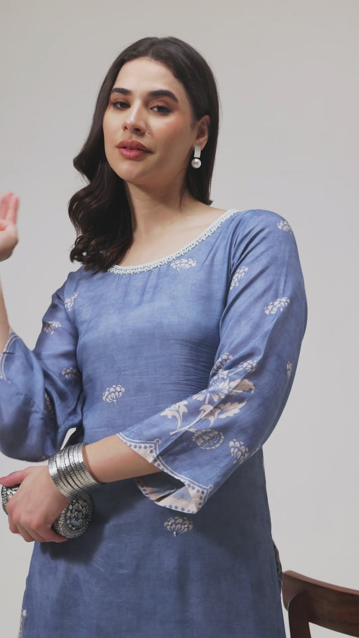 Printed Muslin Silk Kurta & Pant – Pearl Embellished – Set of 2 – Blue