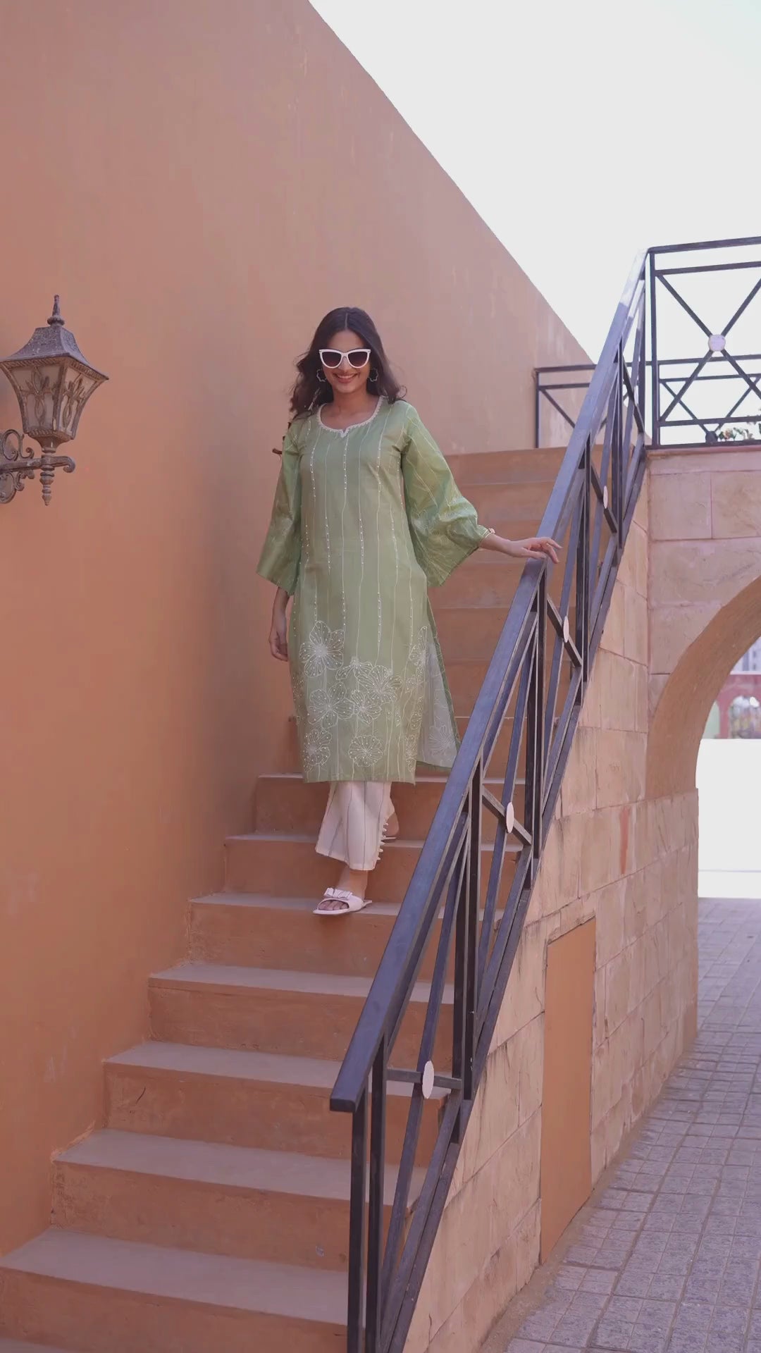 Printed Cotton Kurta & Pant - Hand Embroidered - Set of 2 - Green