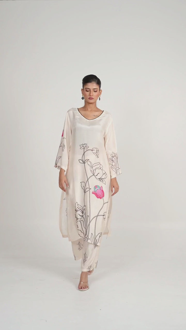 Printed Kurta & Pant - Hand Embroidered - Set of 2 - Off White - Muslin Silk
