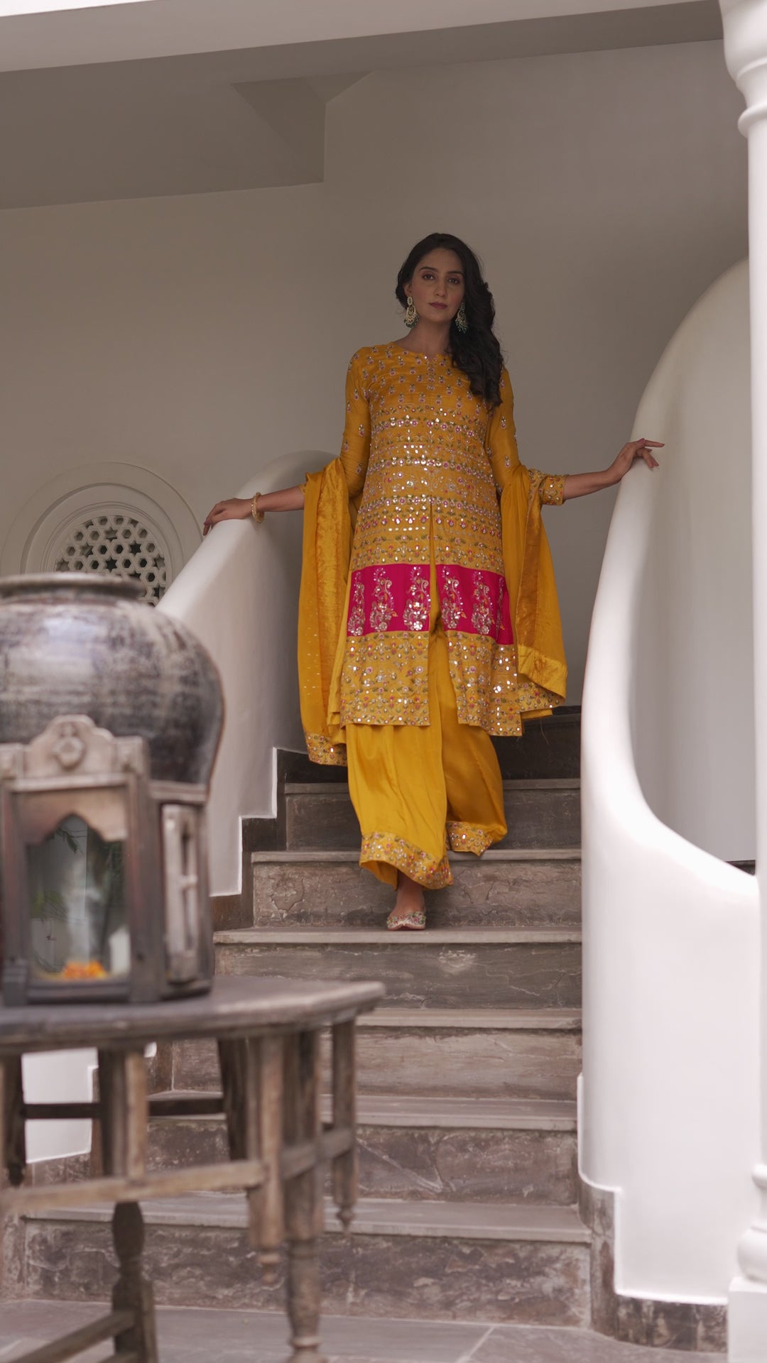 YELLOW KURTA SET FOR WOMEN- PAIRED WITH DUPATTA - EMBROIDERED WITH RESHAM & HANDWORK - SET OF 3