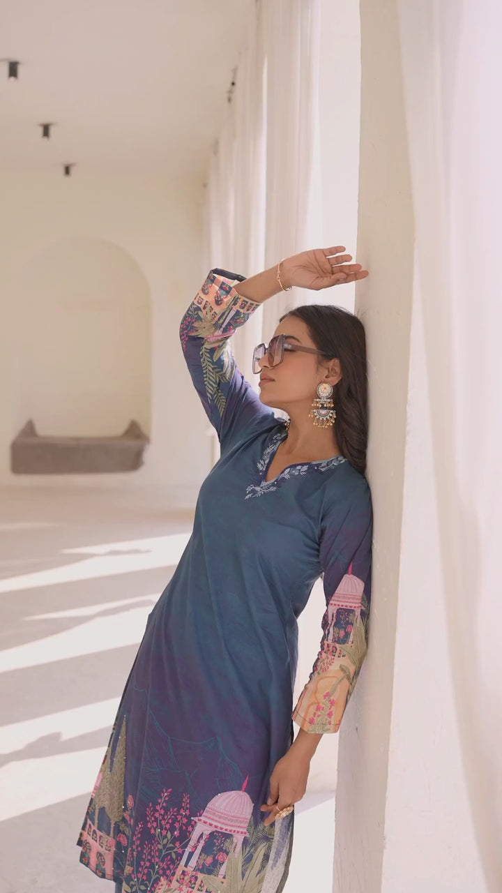 Printed Cotton Kurta & Pant - Hand Embroidered - Set of 2 - Blue