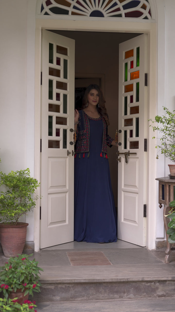 BLUE SLEEVELESS GOWN FOR WOMEN- PAIRED WITH JACKET - EMBROIDERED WITH RESHAM & HANDWORK - SET OF 2